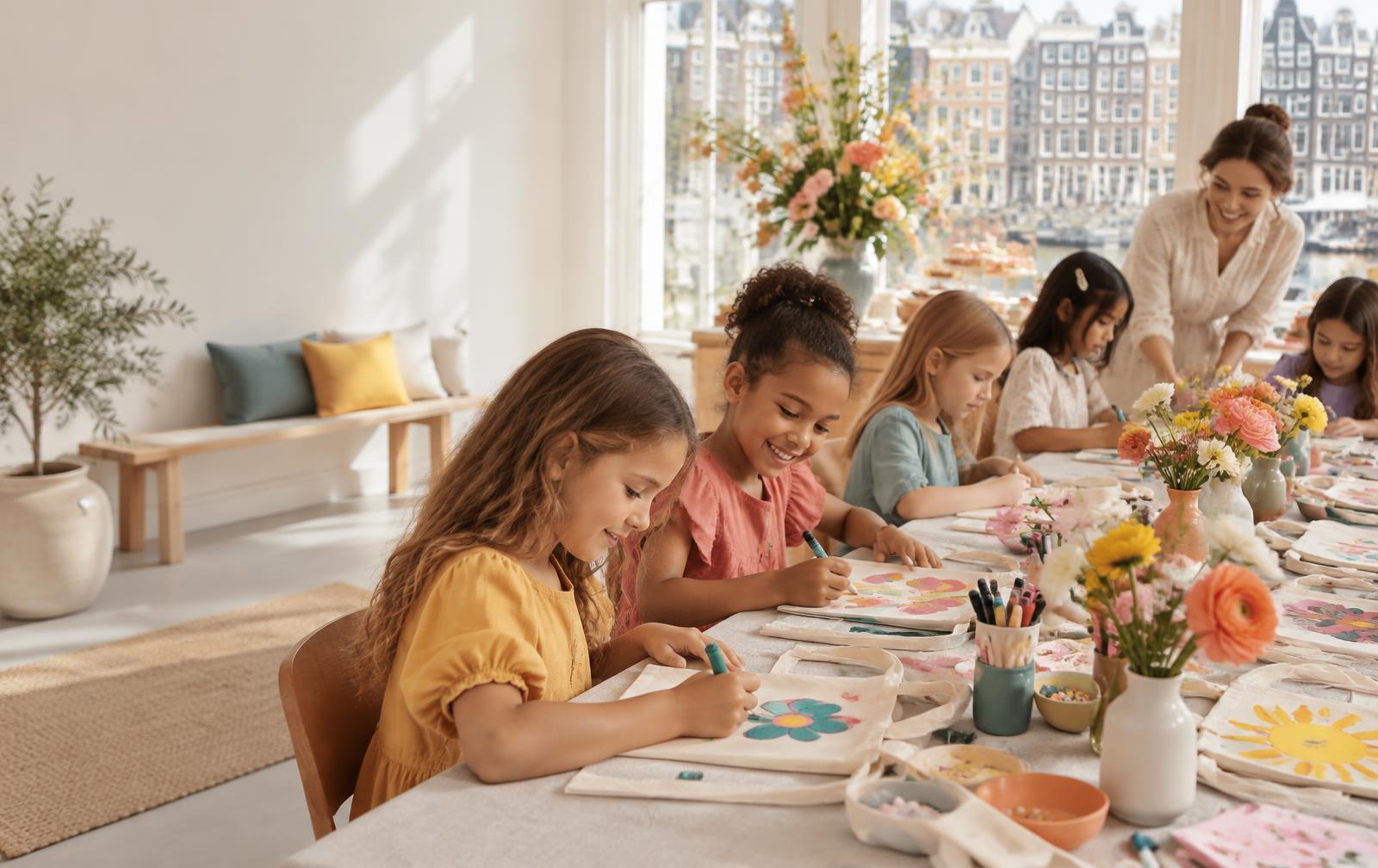 Children decorating tote bags at a Mini Munchkins creative event